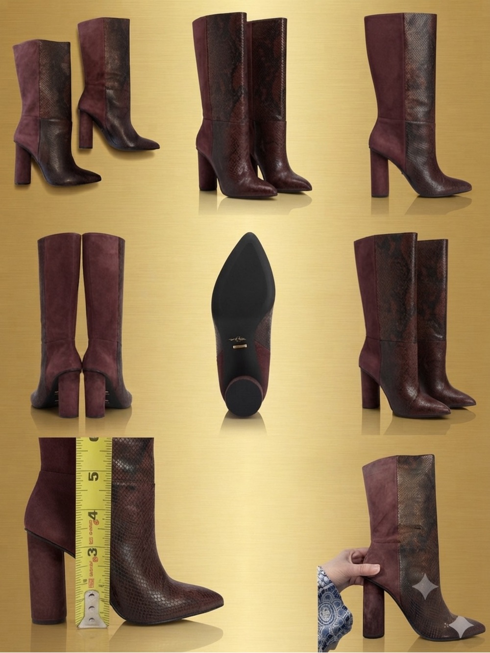 42 GOLD Two-Tone Burgundy Snake-Embossed & Suede Boots - Picture 3 of 7